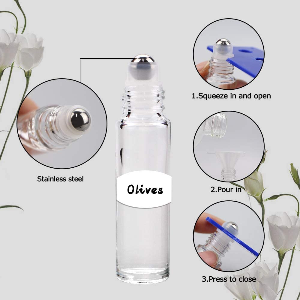 Sungwoo 12 Pack Essential Oil Roller Bottles, 10Ml Clear Glass Roller Bottles With Stainless Steel Roller Balls And Caps For Tra