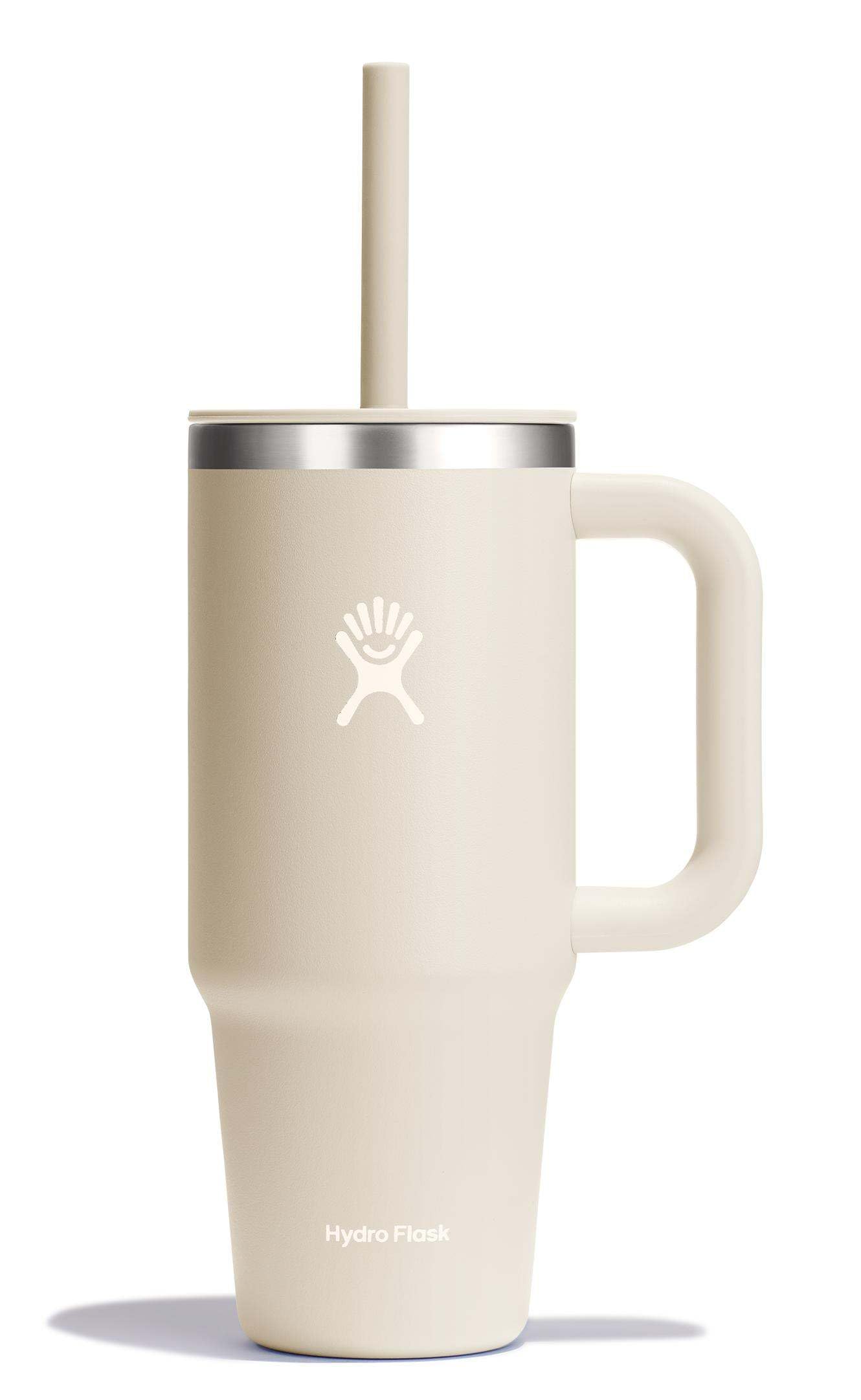 Hydro Flask Travel Tumbler with Handle, Lid and Straw - Insulated Stainless Steel in 24 Oz Oat