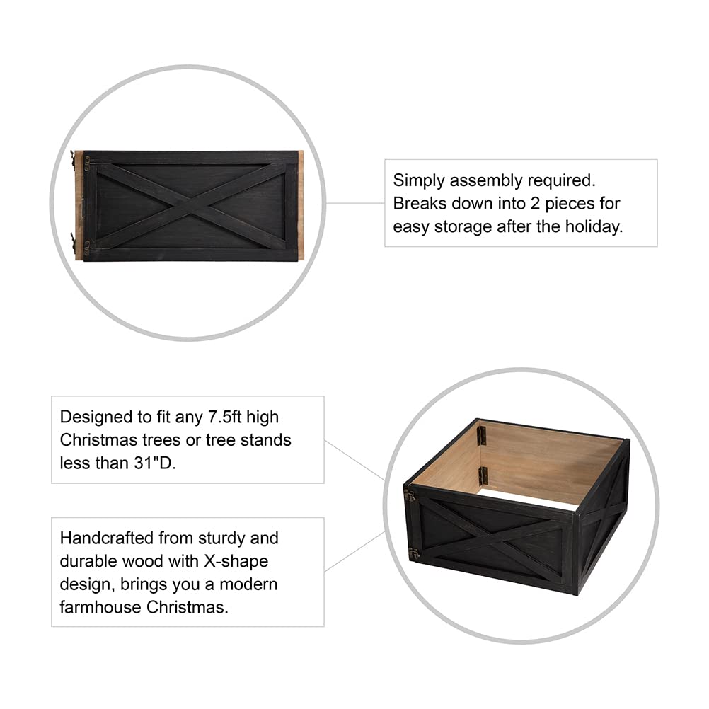 Glitzhome Christmas Tree Collar, 22 L Farmhouse Wooden Black Tree Collar Tree Base Cover, Decorative Christmas Tree Collar for 7