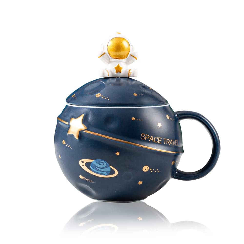 Yalucky Kawaii Astronaut Cup Space Embossed Planet Mug, Cute Ceramic Coffee Mug, Novelty Mug with Lid and Spoon for Coffee, Tea,