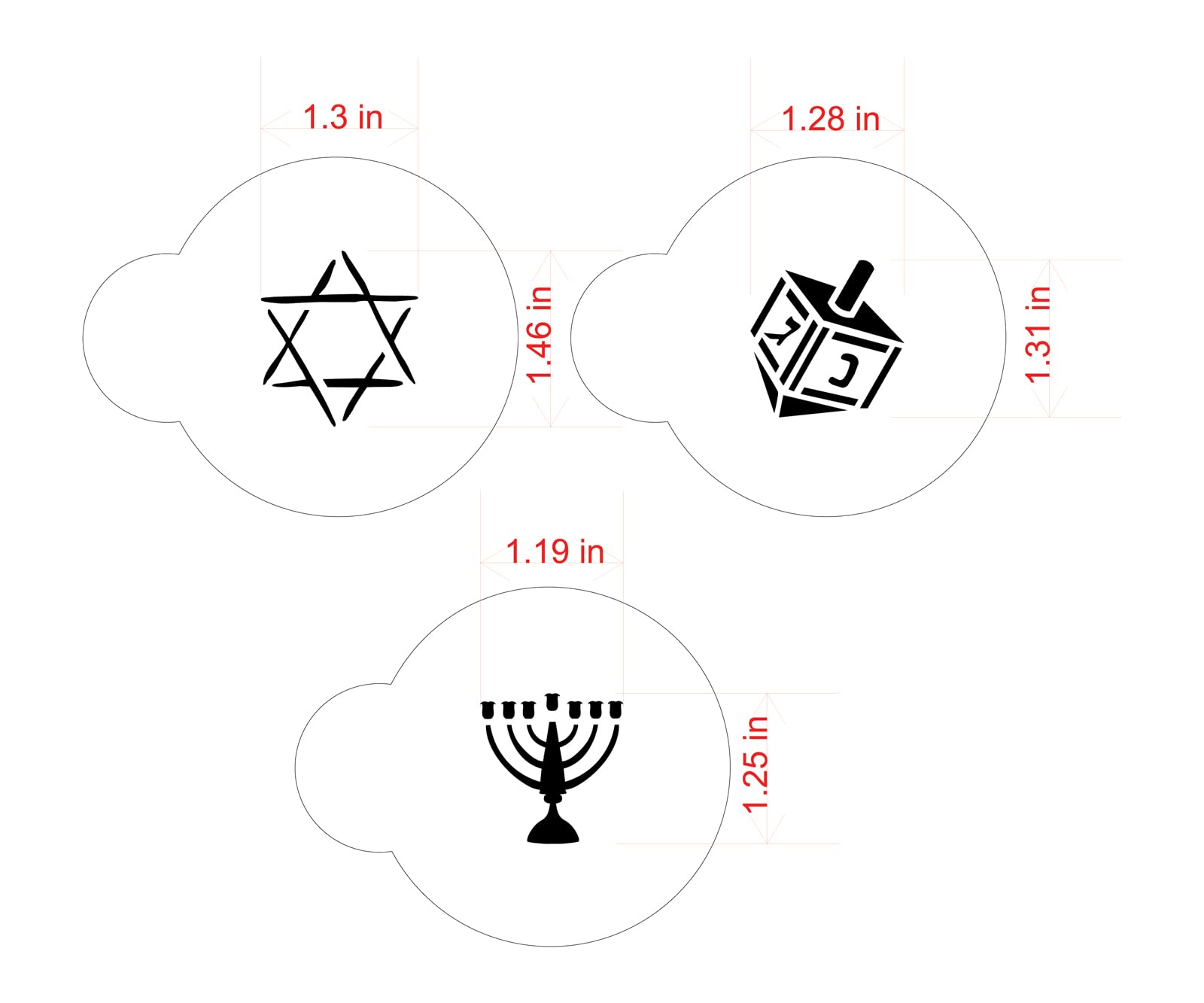 Designer Stencils Jewish Symbols Cookie And Cupcake Stencils, Small, (Dreidel, Star Of David, Menorah), Beige/Semi-Transparent