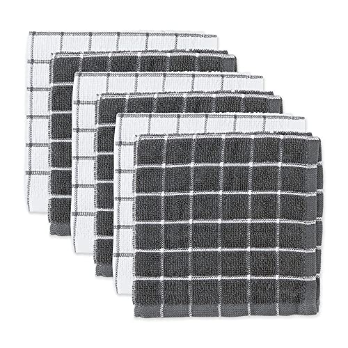 Dii Basic Terry Collection Windowpane Dishcloth Set, 12X12, Gray, 6 Piece