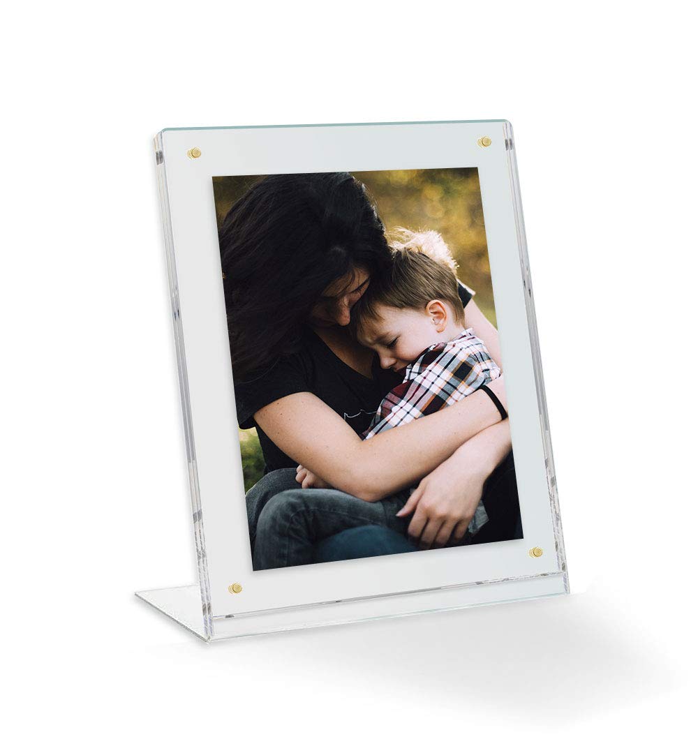 8x10 Acrylic Floating Picture Frame - Table Stand with Gold Magnetic Front Cover to Easily Change Photos - Made in The USA