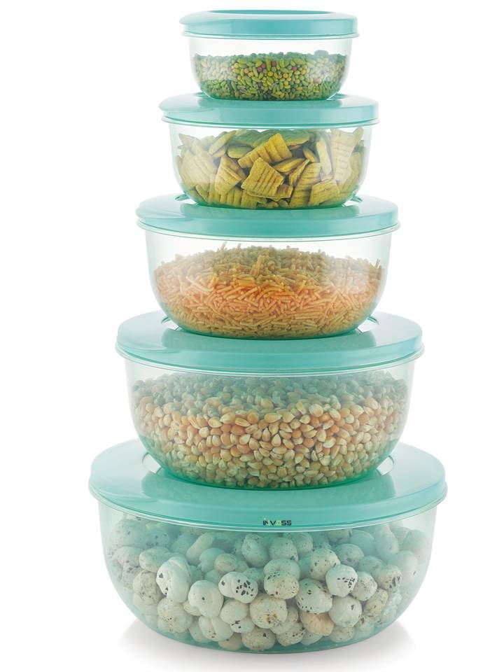 Invoss Clear Green BpaFree Plastic Food Storage Containers, Airtight, Freezer & Fridge Safe, Multipurpose, 5Pack (290Ml, 580Ml