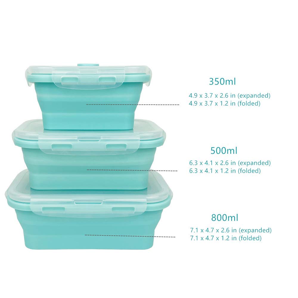 CARTINTS Silicone Collapsible Food Storage Containers-Prep/Storage Bowls with Lids - Set of 3 Square Silicone Lunch Containers - Microwave  Dishwasher and Freezer Safe (blue)