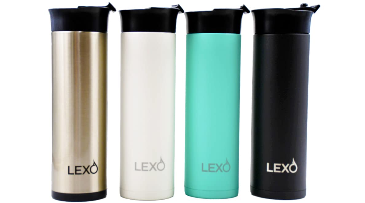 Lexo Temperature Regulating Smart Travel Mug - Flip Top Lid (Stainless Steel & Black, 16. Oz.)