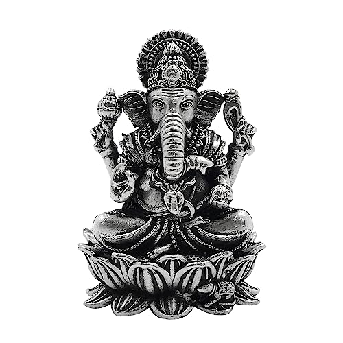 Maa Silver Pure Silver Lord Ganesh/Ganpatiji Semi-Solid Idol/Murti On Lotus/Kamal With Antique Oxidized Finish Perfect For Pooja