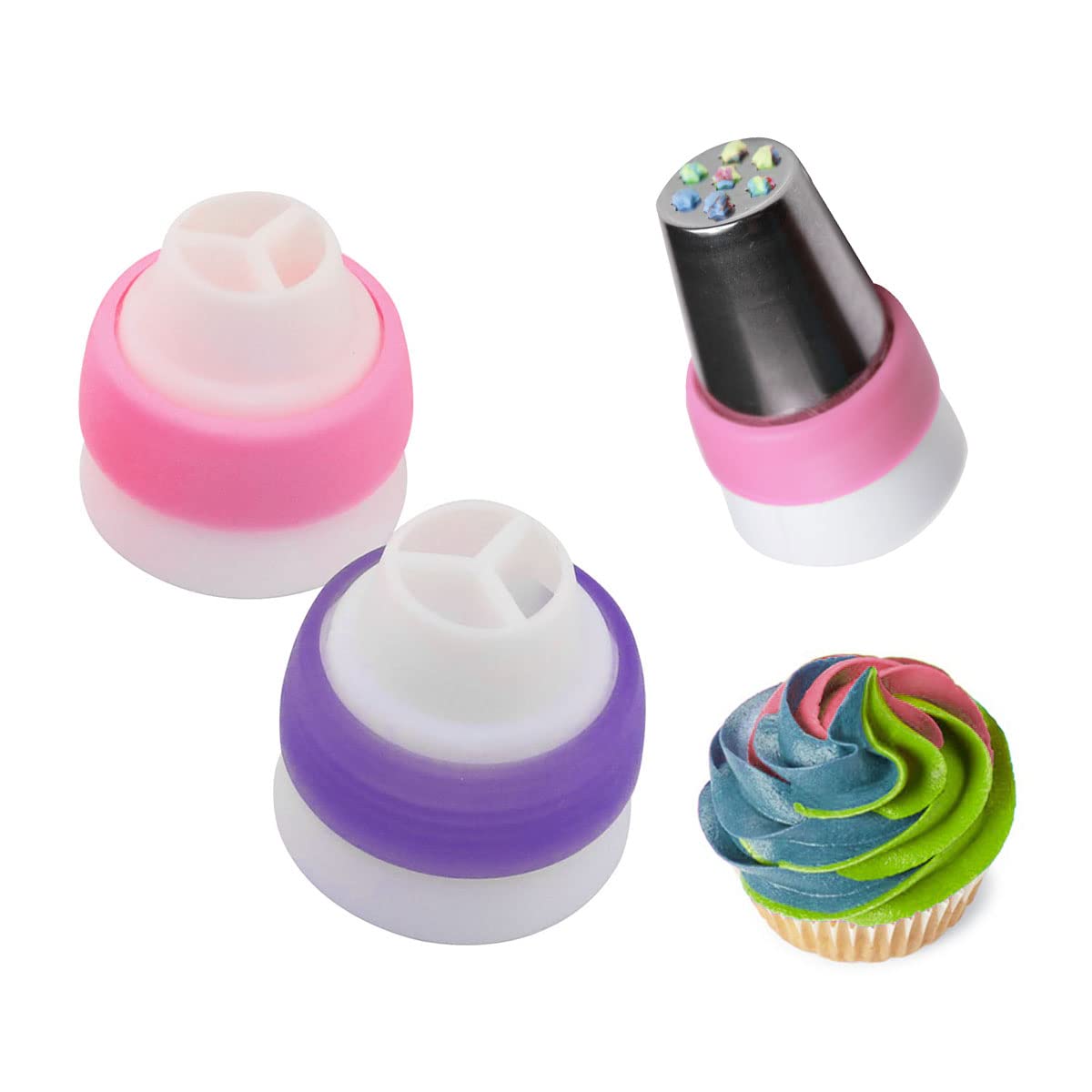 Dghaop 4Pcs Russian 3 Color Nozzle Converter Coupler Icing Nozzles Pink + Purple Single Hole/Three Holes Icing Cake Decor Tools