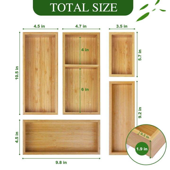 Bamboo Drawer Organizer Set, 5 PCS Multi-Use Individual Wood Storage Organizers, Junk Drawer Divider and Storage Trays Container