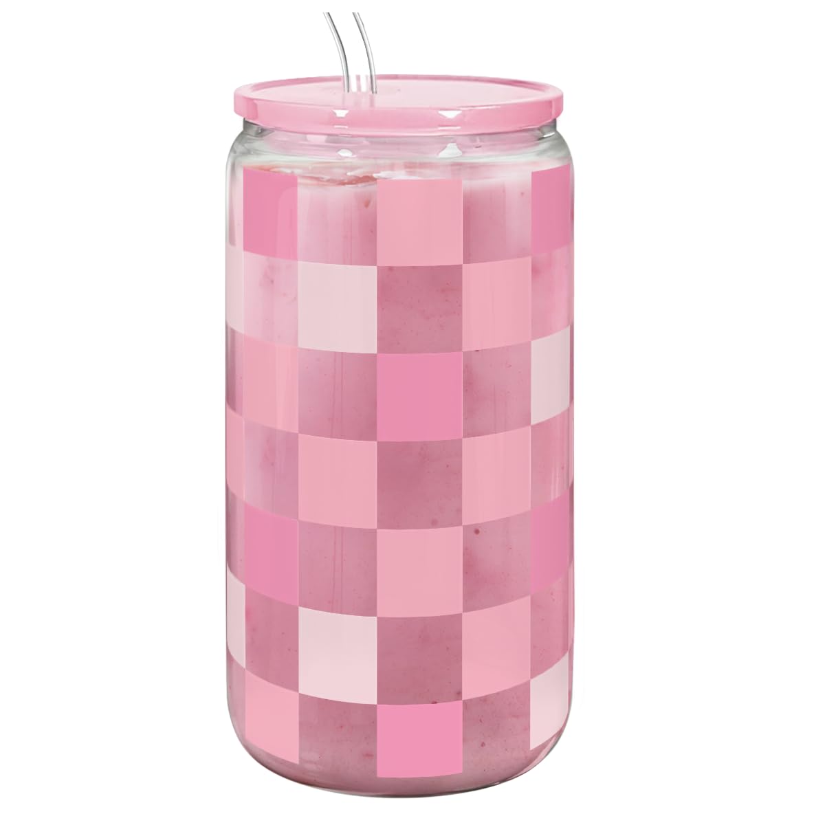 Checker 16 Oz Can Glass Tumbler with Acrylic Lid and Straw - Iced Coffee Cups for Women, Aesthetic Glass Cup Gift for Birthday C