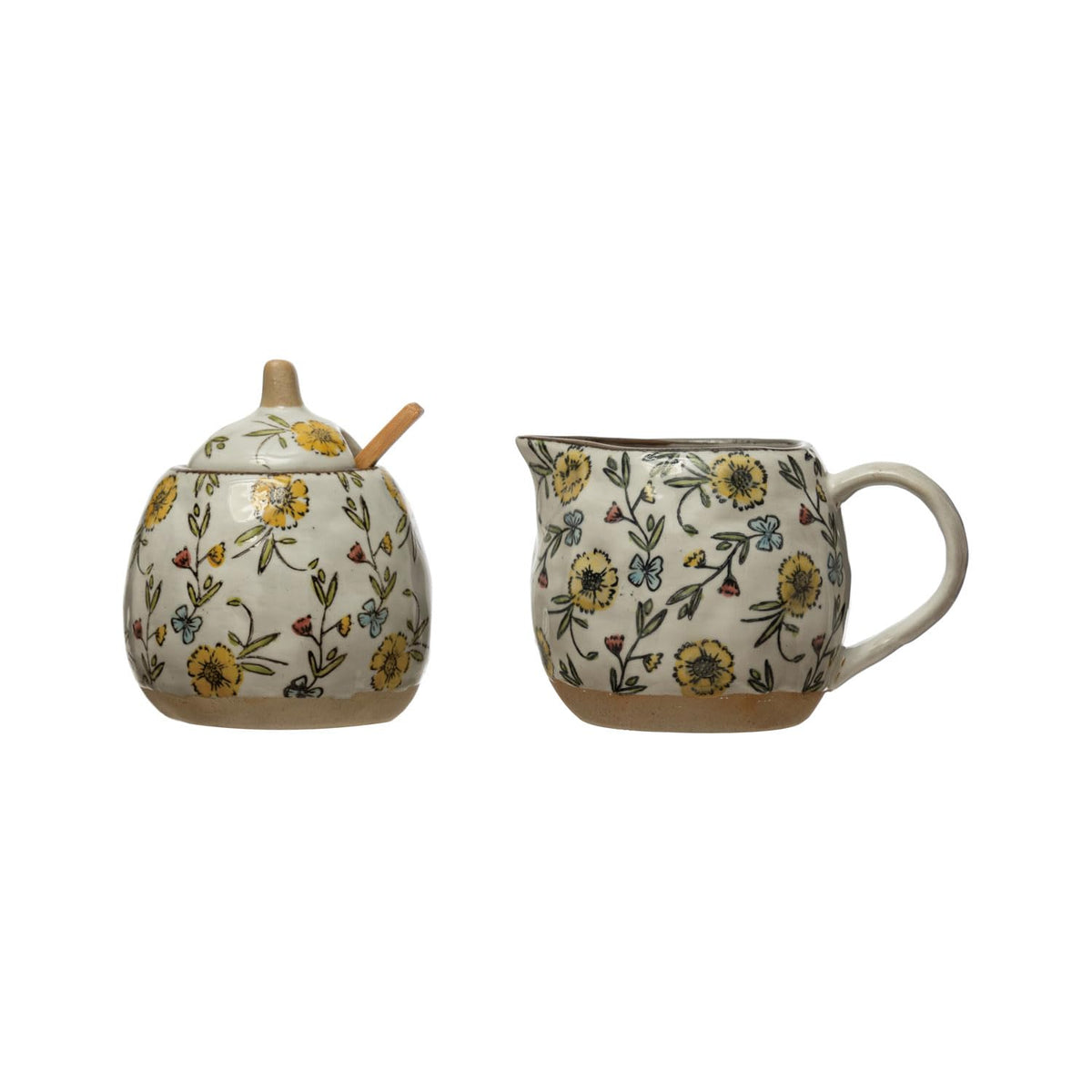 Creative Co-Op Hand-Painted Spoon And Lid, Stoneware Creamer, Set Of 3 Sugar Pot, 9'' L X 4'' W X 4'' H, Multicolor