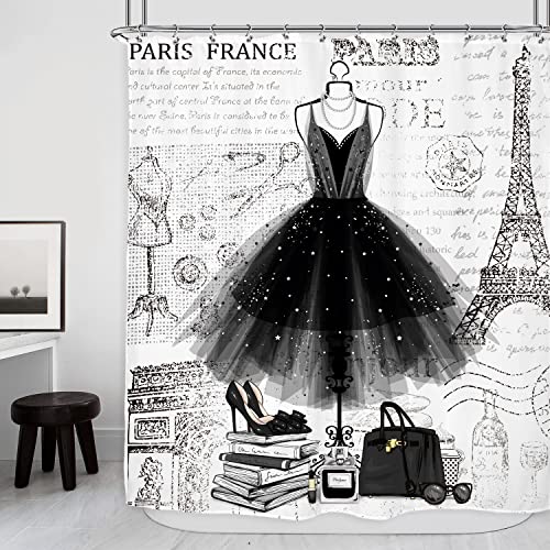 Riyidecor Fashion Girly Dresses Shower Curtain 60Wx72H Inch Black White Eiffel Tower Paris Perfume Modern Girls Women High Heels