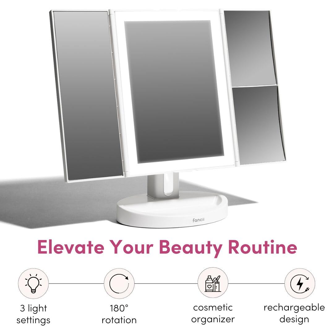Fancii Trifold LED Makeup Mirror - Rechargeable, 5X & 10X Magnification, Touch Screen, White, 11"L x 7"W, Model FC-RVMM151