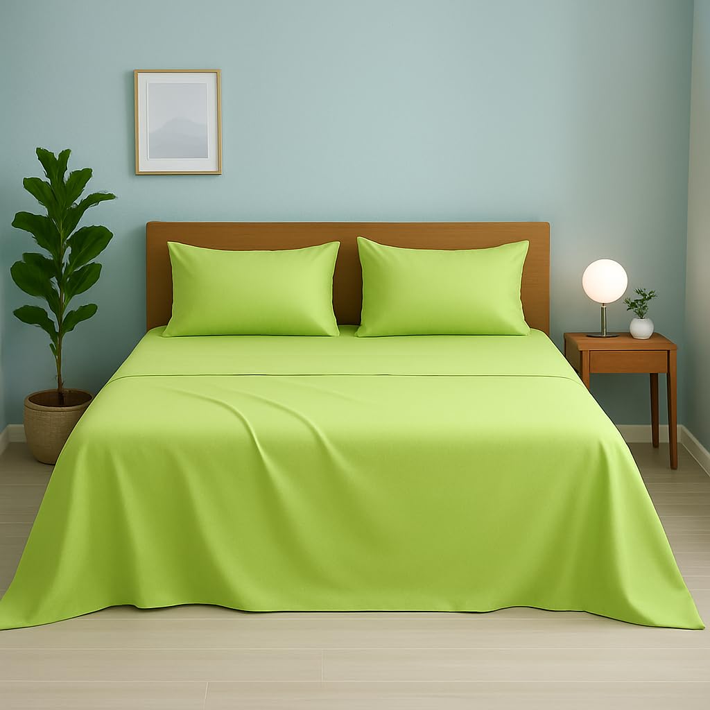 Linenaffairs 100% Cotton Bedsheets - Flat Sheet With 2 Pillow Cover Comfortable & Durable Sheet For Double Size Bed Sage | 300 T