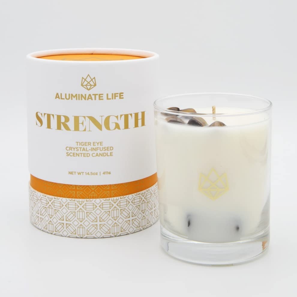 Aluminate Life Luxury Glass Jar Candle, 14.5 OZ, Strength - Tiger Eye Crystal Infused - Scents of Cedarwood, Amber, & Sage - Pow