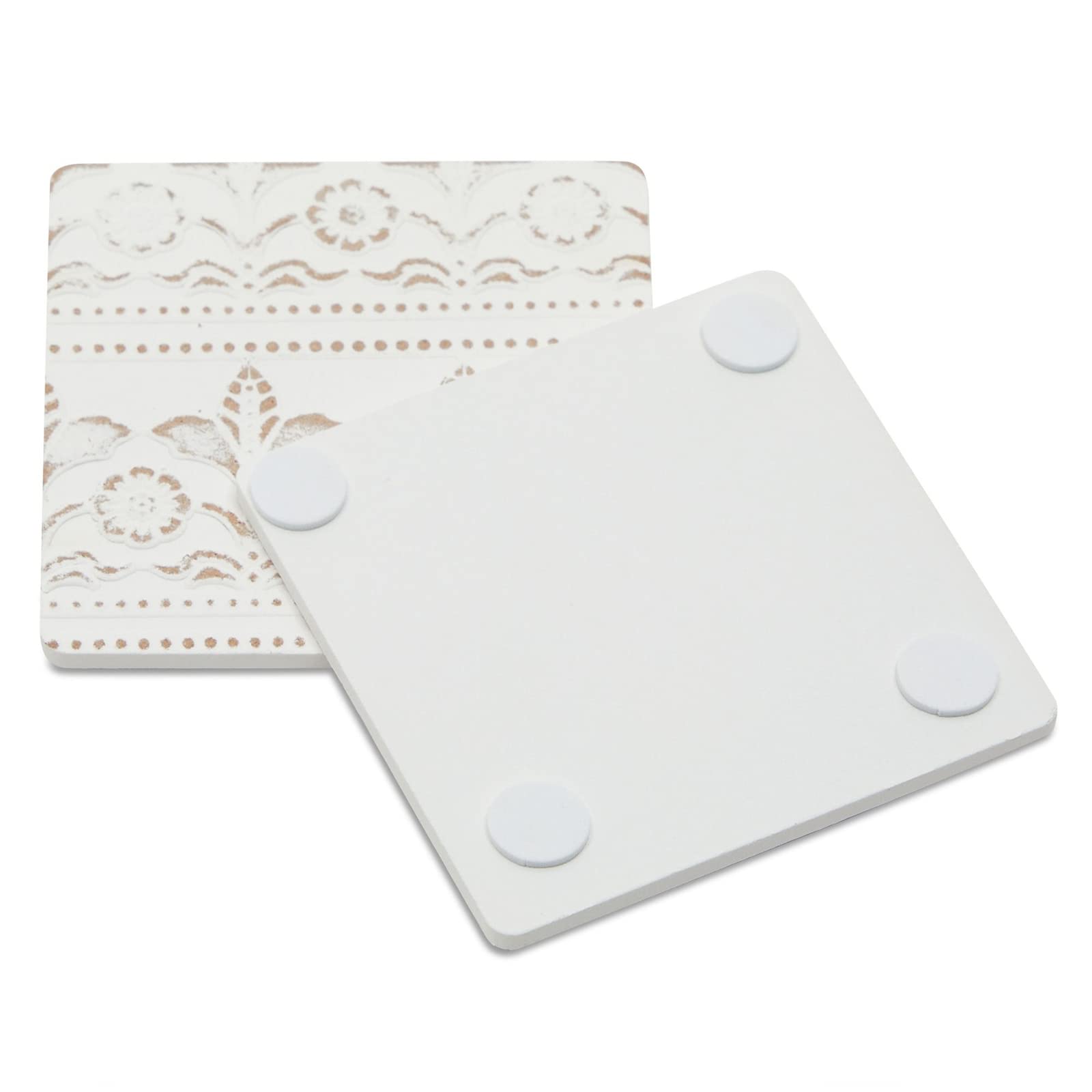 Set of 6 White Wooden Coasters with Holder for Drinks  Coffee Table  and Floral Farmhouse Decor (3.8 Inches)