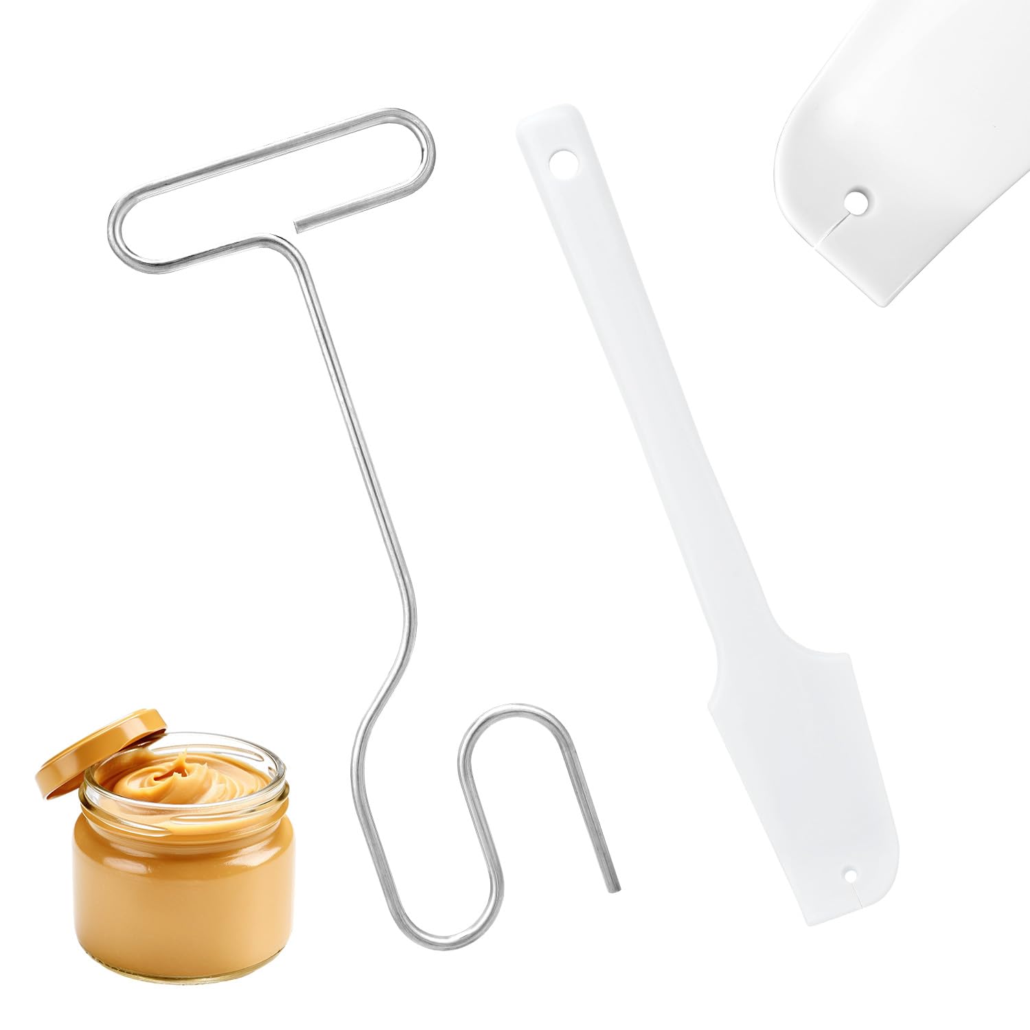 2pcs Peanut Butter Stirrer Set, Include 1 Stainless Steel Butter Stirrer with Handle and 1 Silicone Spatula Scraper for Mixing V