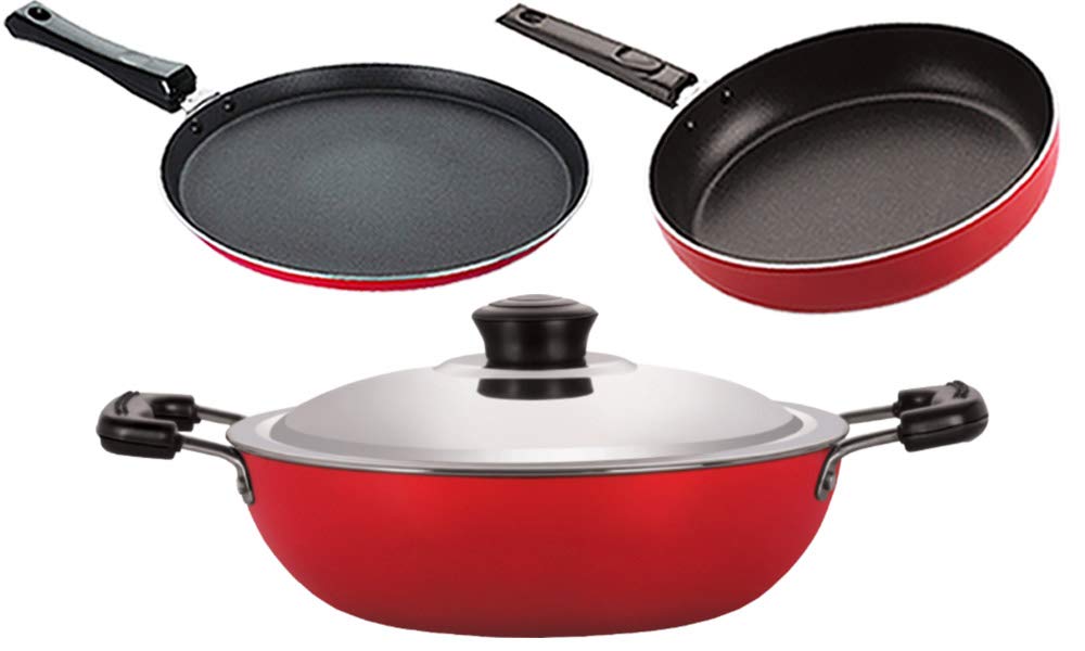 Nirlon Aluminium Non Stick Kitchenware Cooking Utencil Combo Set Of 4 Pieces (2.6Mm_Ft11_Dkd(M)_Dkd(B)_Fp12)