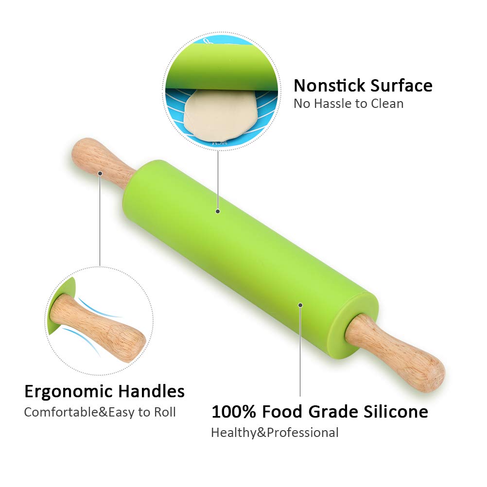 Alimat Plus Silicone Rolling Pin, Dough Roller For Pizza, Cookie With Wooden Handle And Surface, 2 Pack Rolling Pins For Baking