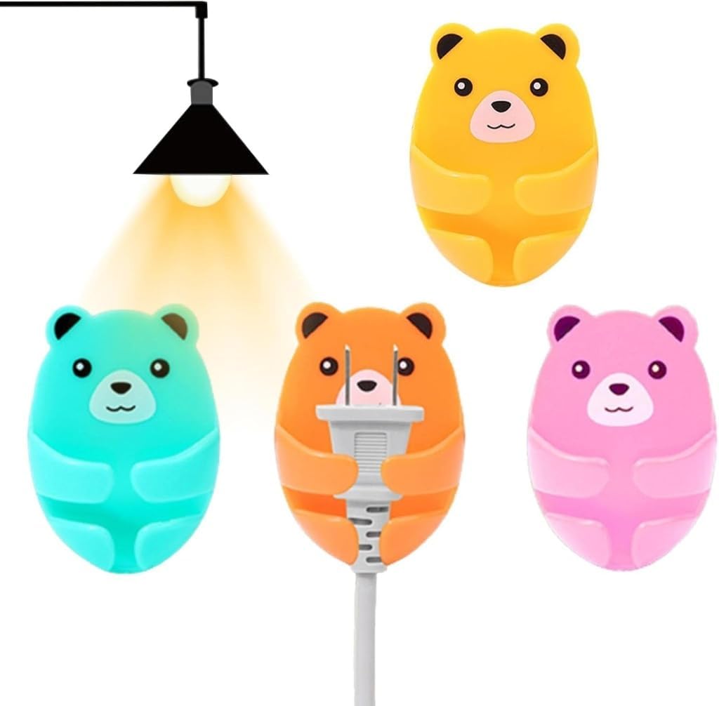 Skyoivex Cute Bears Wall Hooks 4 Hanging Adhesive Hooks, Rurbeder Plug Wire Holder, Cartoon Bear, Kitchen Gadgets Colors Sky, Or