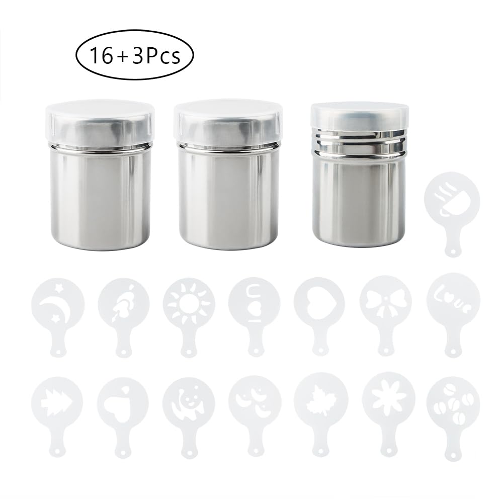 Aifuda 3 Pack Stainless Steel Powder Shaker With 16 Pcs Printing Molds Stencils, Powder Cans With Mesh For Coffee Cappuccino Lat