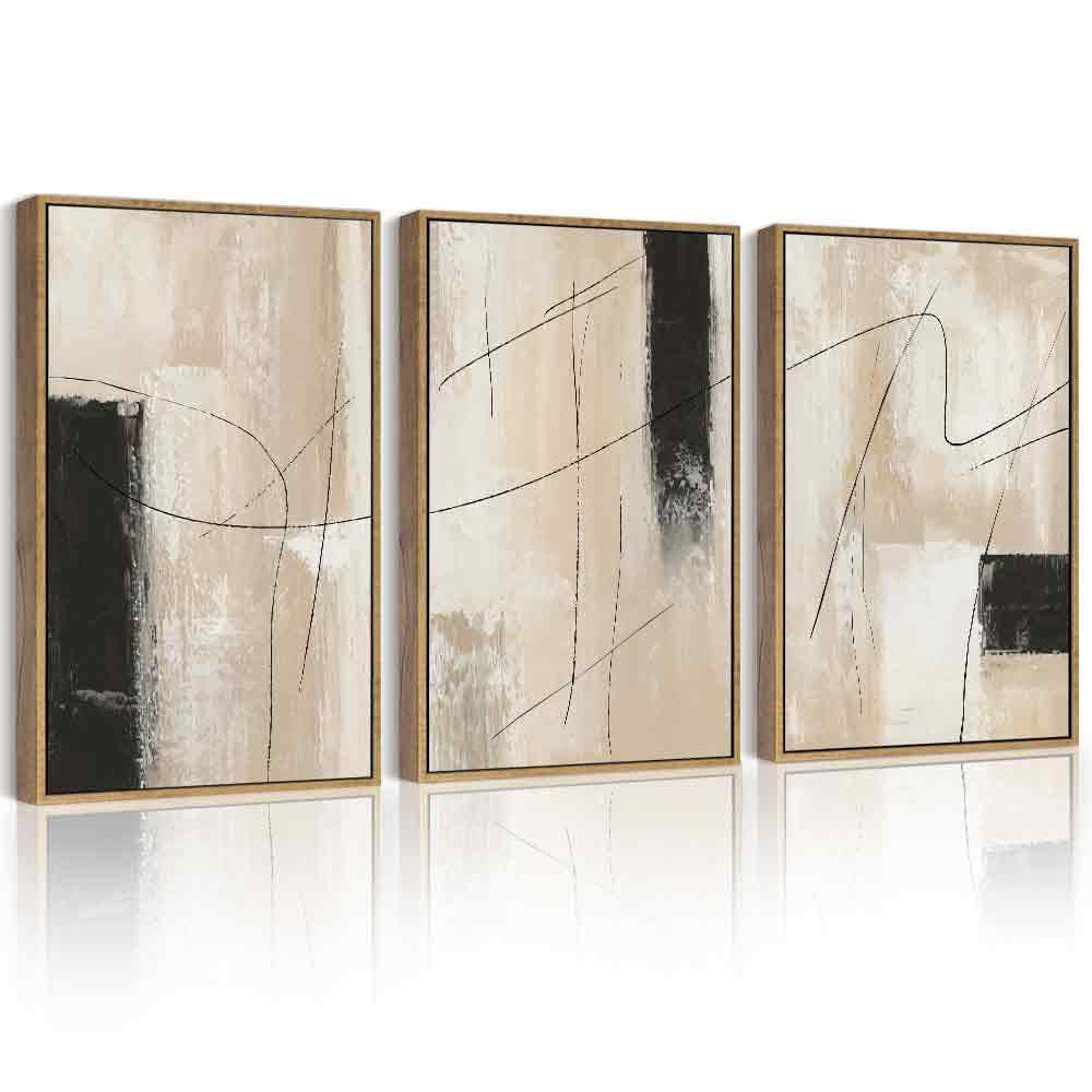 Phopago Abstract Framed Wall Art 16X24In Neutral Beige Mid Century Textured Artwork Decor Modern Black Minimalist Line Illustrat