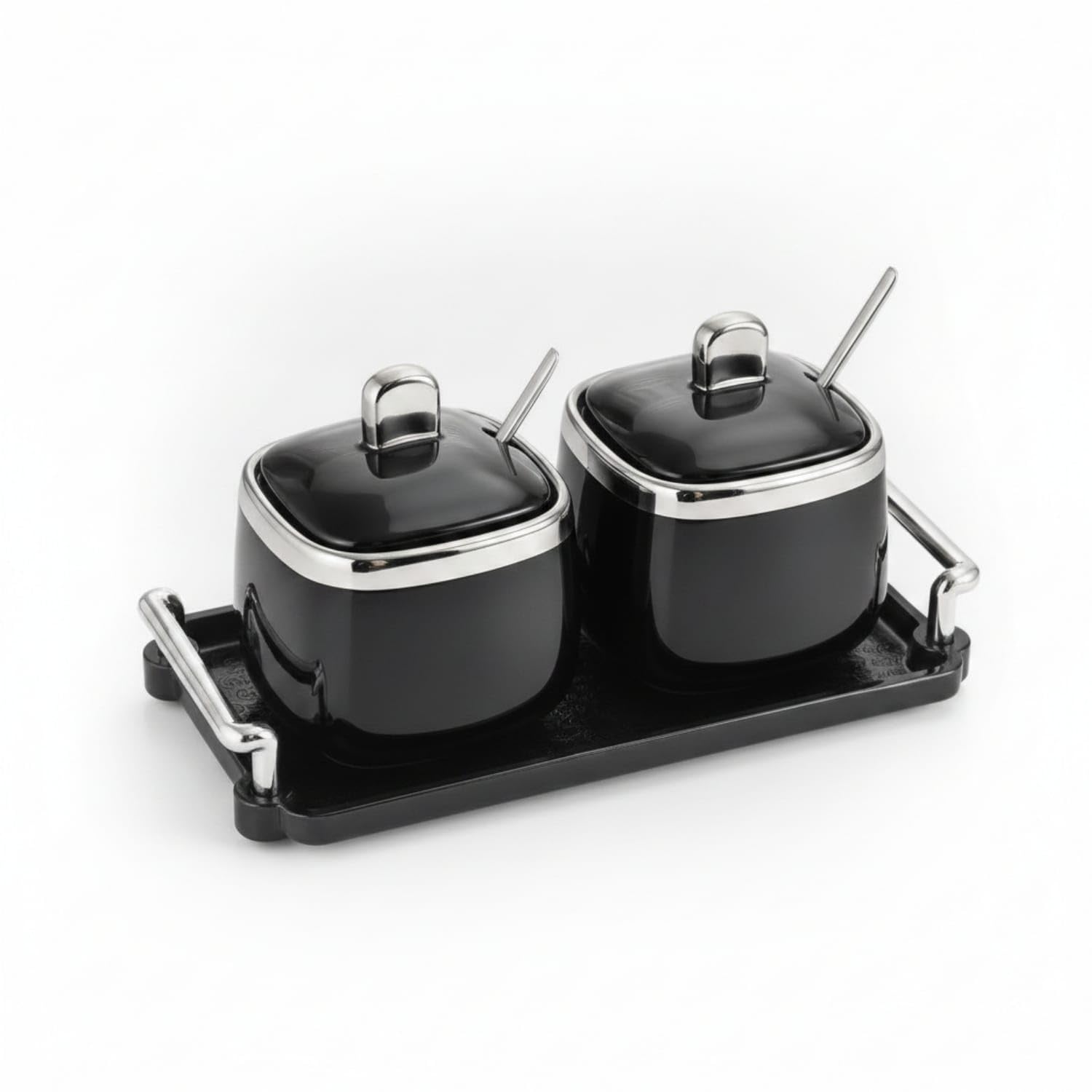 Glossy Condiment Holder with Spoons Countertop Ceramic Seasoning Jars with Tray Easy to Clean Seasoning Pot Set with Lids Compac
