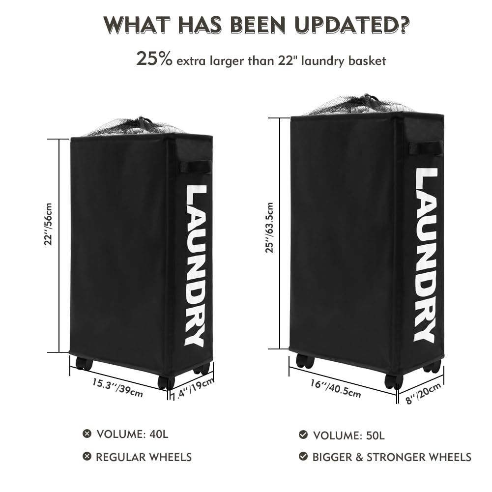 Maxsilan 25'' Slim Rolling Laundry Basket On Wheels, 50L Collapsible Narrow Corner Laundry Hamper, Foldable Storage Bins, Black