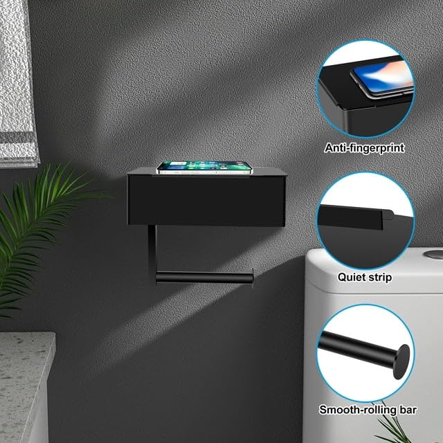 Bosoei Toilet Paper Holder With Storage, Shelf Of Bathroom Toilet Tissue Holder, Toilet Paper Roll Holder, Black Stainless Steel
