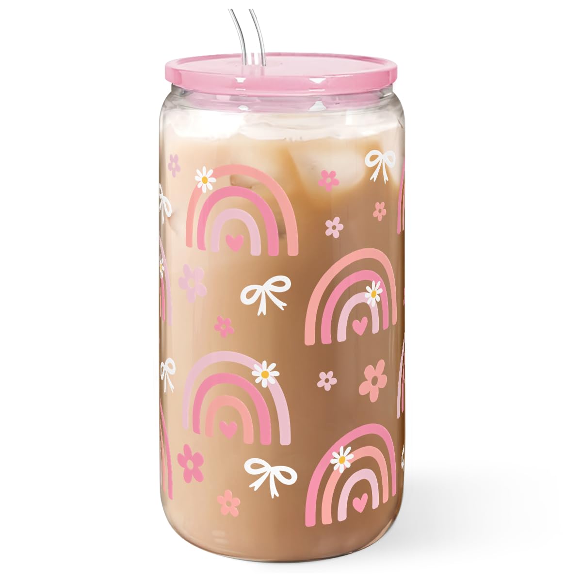 Rainbow 16oz Can Glass Tumbler with Acrylic Lid & Straw, Iced Coffee Cup for Women Girls, Aesthetic Cups Gifts for Birthday Chri