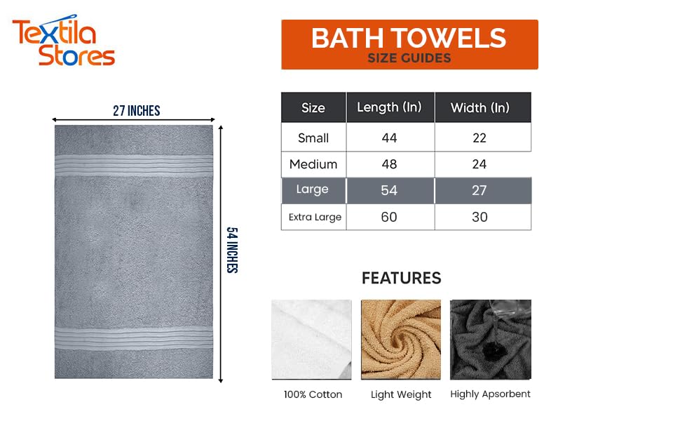 Textila 100% Cotton Large Bath Towels - 27X54 (4-Pack, Gray) - Highly Absorbent, Super Soft, And Luxurious For Bathroom, Pool, G