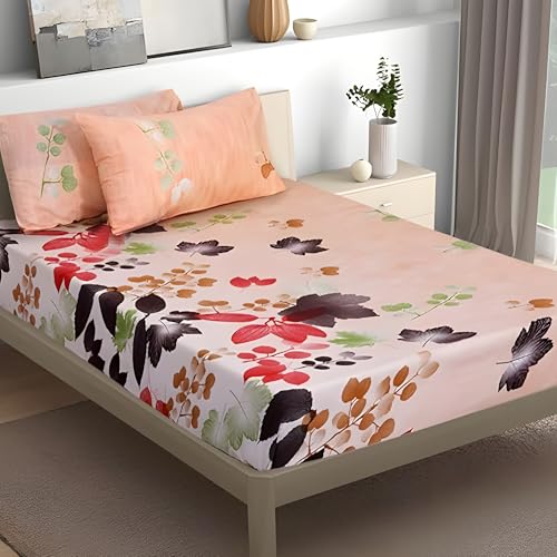 Kautage- Love In Living, Printed 100% Cotton, 186 Tc, Bedsheet With Two Pillow Covers (Peach, Double)