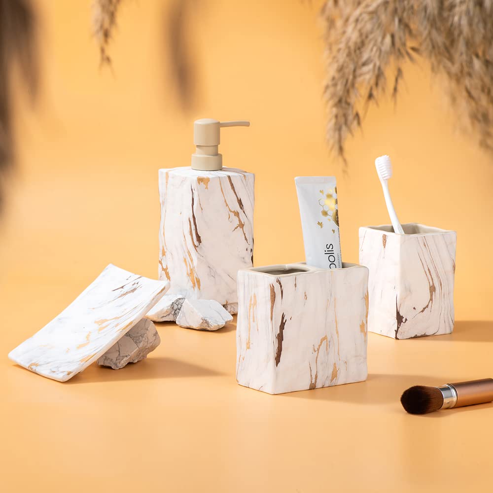 RQYIXI Ceramic Bathroom Accessory Set Complete 4 Pieces Retro Style Soap Dispenser & Toothbrush Holder Sets (Marble Gold)