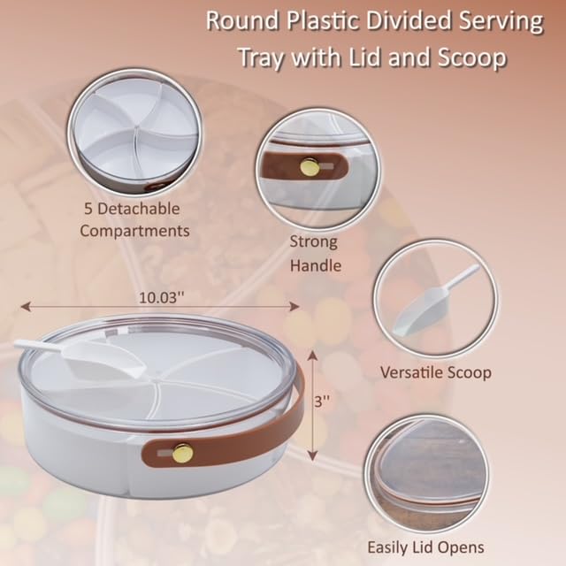Divided Snack Tray With Lid, Serving Tray With Handle, 5 Compartments, Mini-Scooper Included,Storage Container For Nuts, Candy,