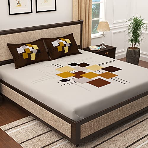 Story@Home Bedsheet For King Size Bed |300Tc | White & Brown | Abstract |1 Piece Cotton Bedsheets For King Size Bed With 2 Pillo
