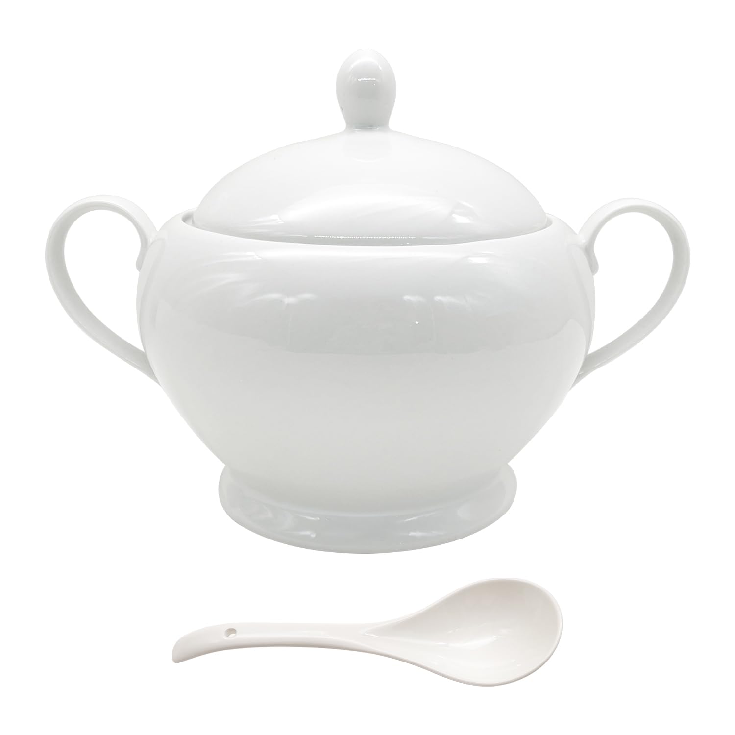 REANRO Porcelain Soup Tureen with Lid and Ladle Set, DoubleEar Covered Tureen Classic Serving Bowl for Soups, White
