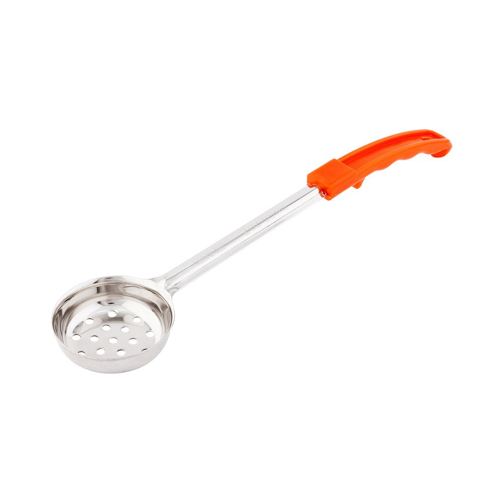 Restaurantware Met Lux 2 Ounce Portion Ladle 1 Perforated Portion Serving Spoon - Red Handle Dishwashable Stainless Steel Slotte