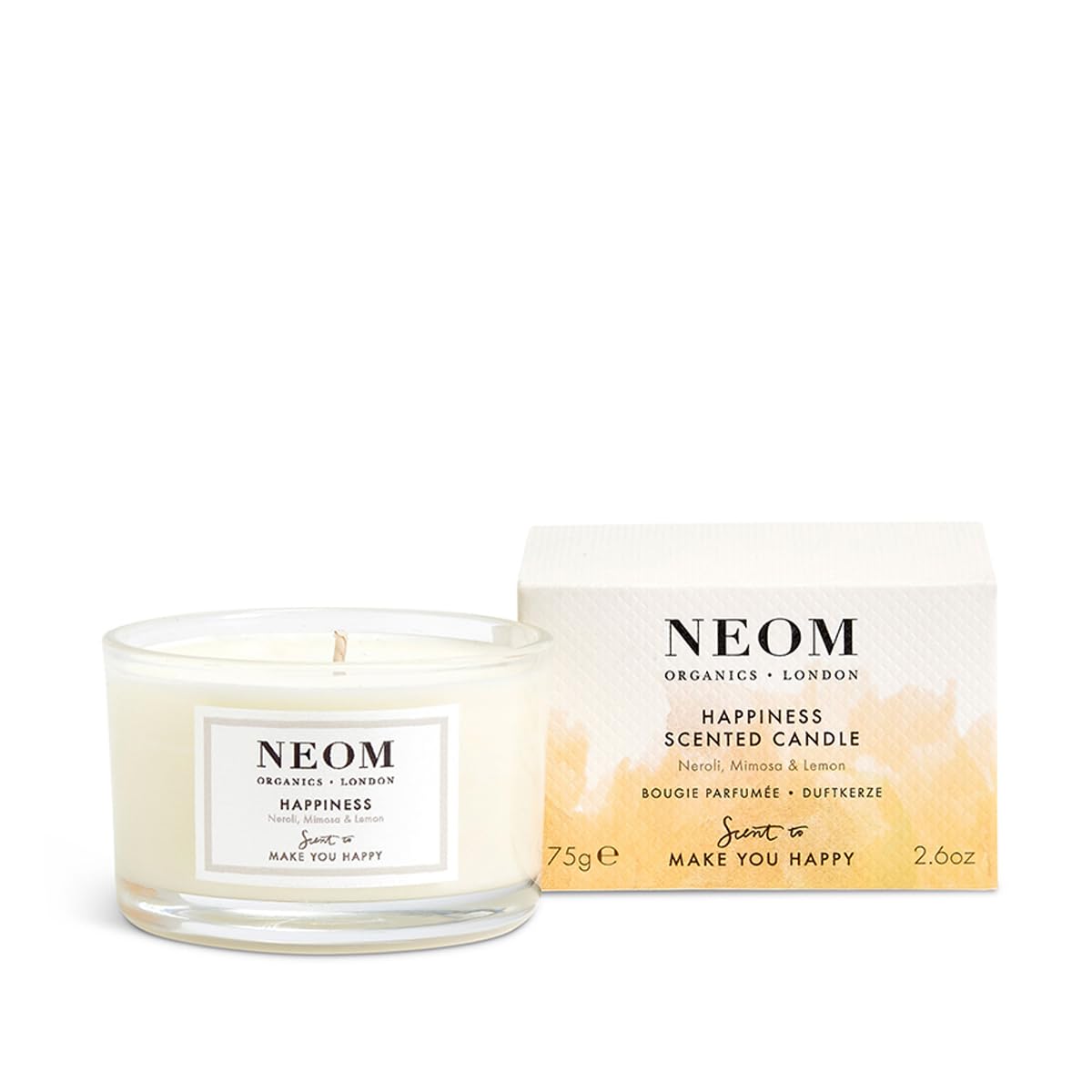 NEOM- Happiness Scented Candle, Travel Size | Essential Oil Aromatherapy Candle | Neroli, Mimosa & Lemon | Scent to Make You Hap