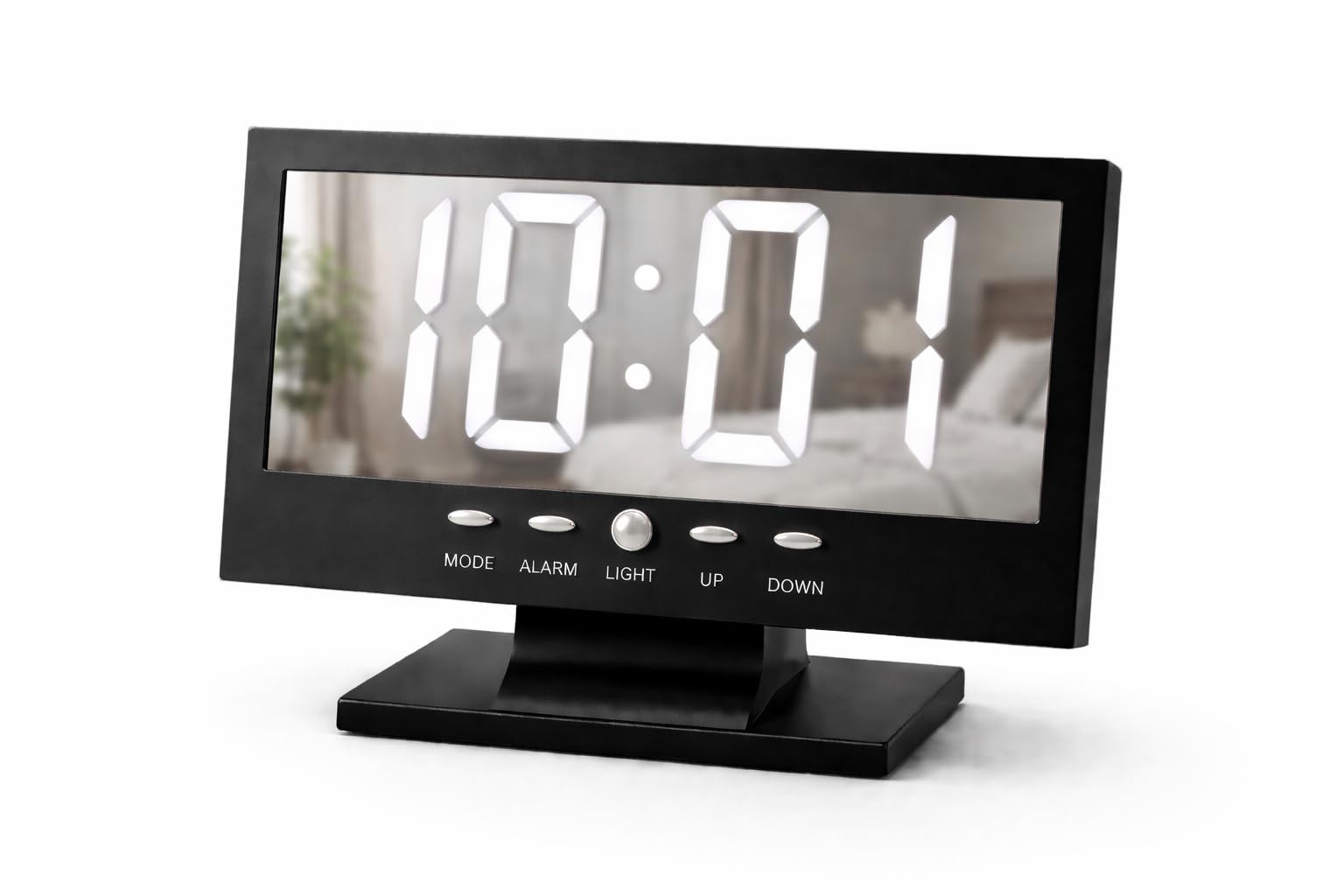 Black Led Mirror Digital Alarm Clock With Bold White Numbers, Temperature Display, 12/24 Hour Format, Three-Level Dimmer, Usb Po