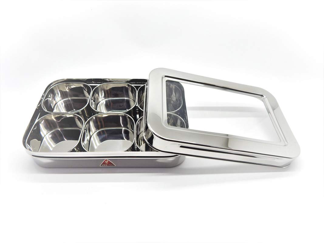 Jee Alto Stainless Steel Rectangular See Through Masala Box/Spice Container With 6 Cups (Silver, 160Ml Each).