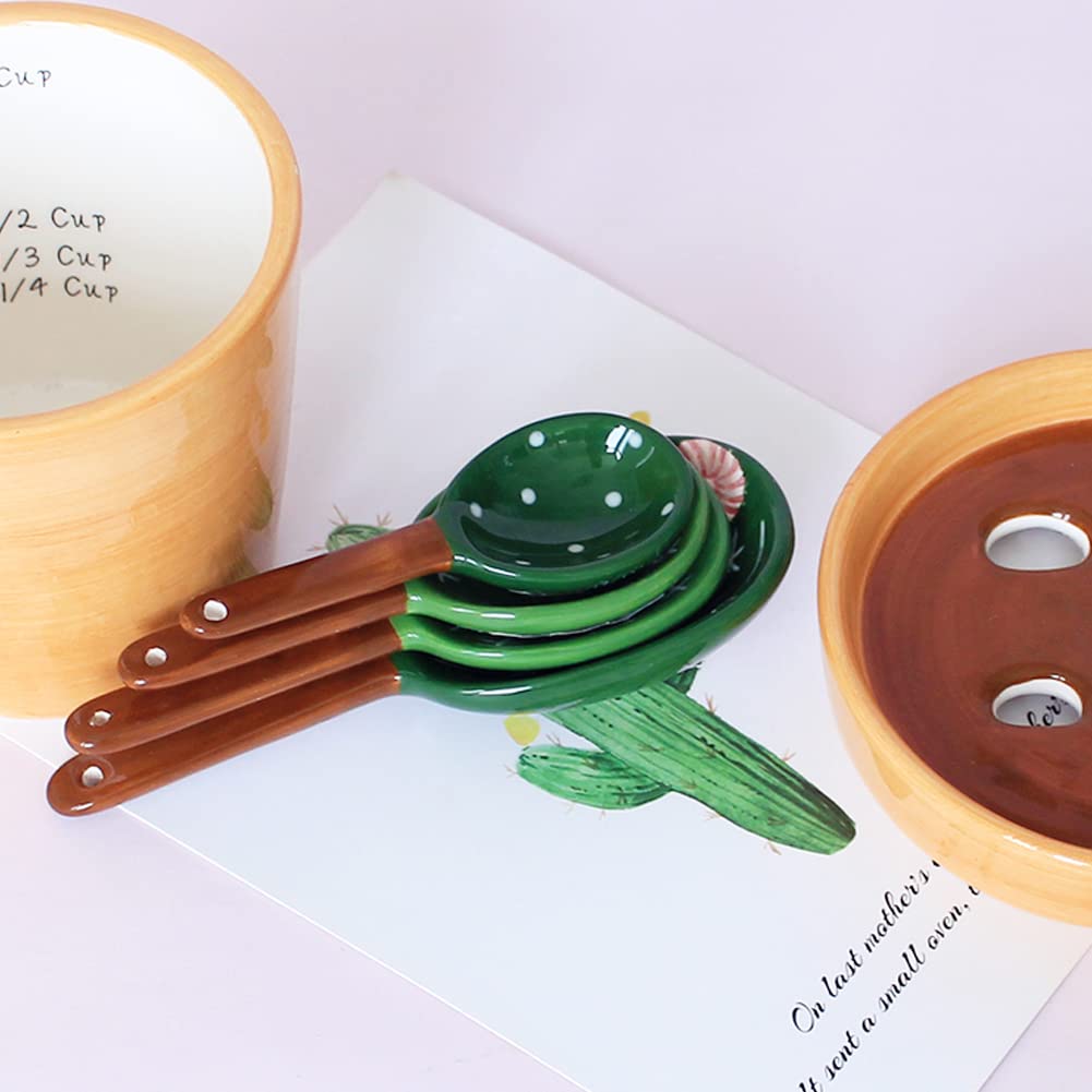 Kelendle Ceramic Cactus Measuring Spoons With Holder Set Of 5 Baking Measuring Spoons For Wet & Dry Ingredients Cactus Figurine