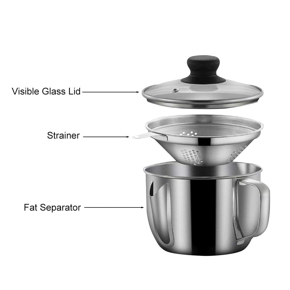 Stainless Steel Fat Separator 4 Cup/1000Ml Gravy Grease Separator With Strainer And Glass Lid, Soup Oil Separator Cup For Cookin