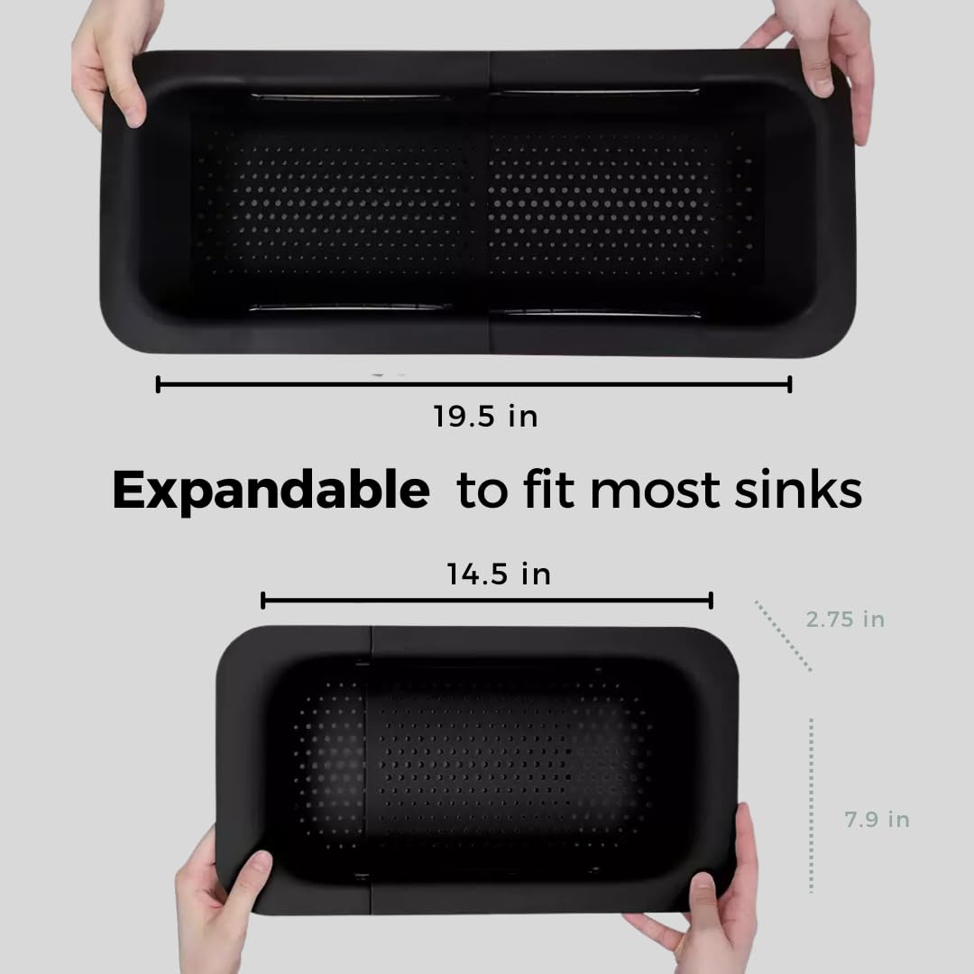 Dreamroo Collapsible Multi-Purpose Colander - Over The Sink Strainer Basket - Wash, Drain And Dry - Extendable 14.5-19.5 In - Bl