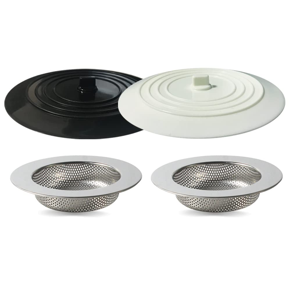 Seatery 4Pcs Kitchen Sink Stopper Strainer, 6 Inch Round Large Silicone Sink Drain Cover Plug, Water Stopper, 4.5 Inch Stainless