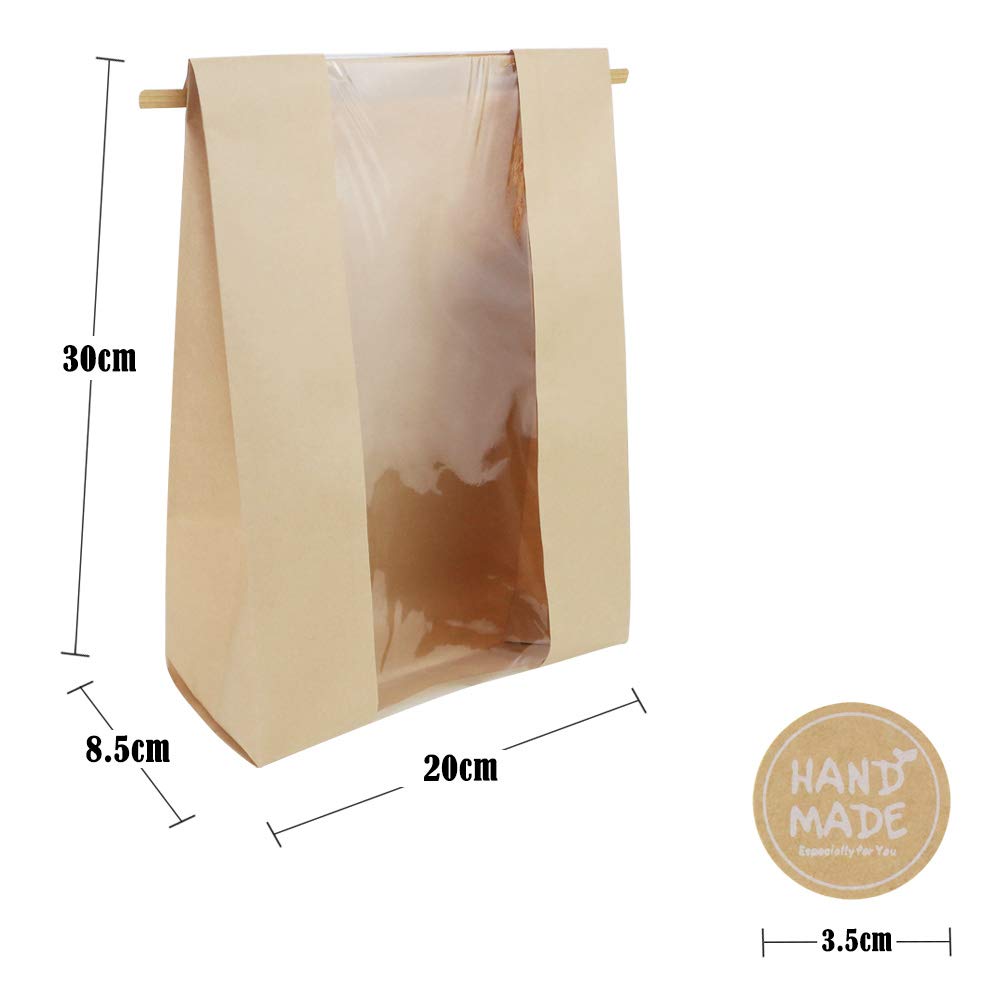 Twdrer 50 Pack Large Kraft Paper Bread Loaf Bag With Clear Front Window,Tin Tie Tab Lock Brown Bakery Coffee Cookie Treat Packag
