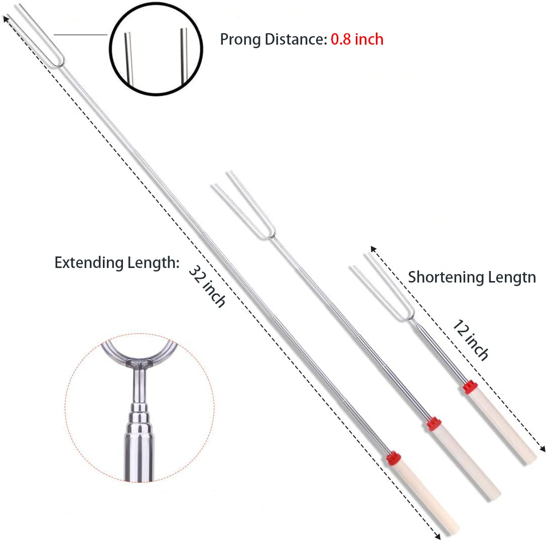 Marshmallow Roasting Sticks 4Pcs Extendable 32inch Long Metal Barbecue Skewers For Grilling Set Telescoping Smores BBQ Forks  Fire Pit Sticks for Hot Dogs Camping Bonfire