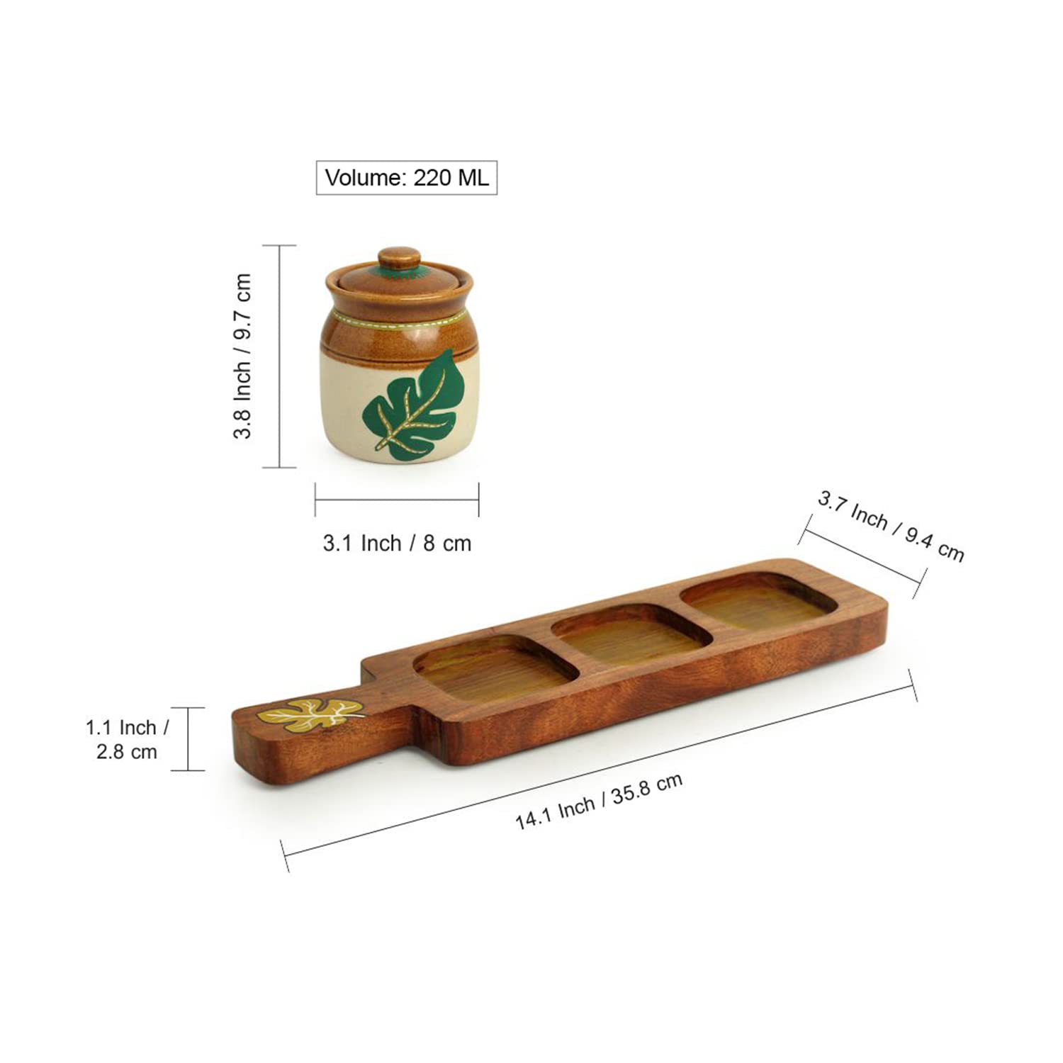 Exclusivelane Leaf Handpainted Indian Pickle Jars With Lids & Wooden Tray Traditional Indian Style Pickle Container For Dining T