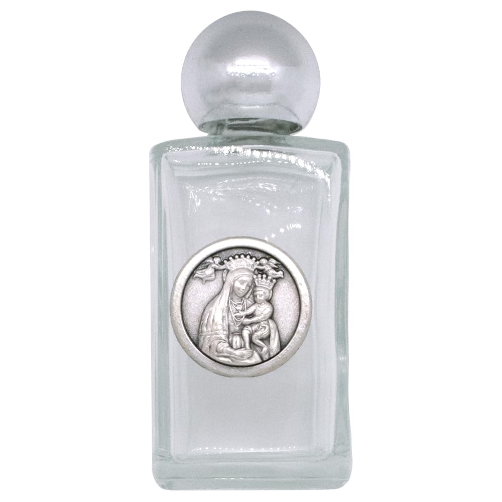 Glass Holy Water Bottle | Mary Queen of Heaven Metal Icon | Silver-Tone Twist on Cap | For Blessed Water or Oil | Great Catholic