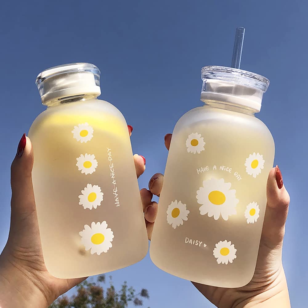 JZSMY 480ml Milk Juice Cute Water Bottle with Scale 2 Lids Little daisy Matte Portable Transparent Water Cup Glass Bottles Creat