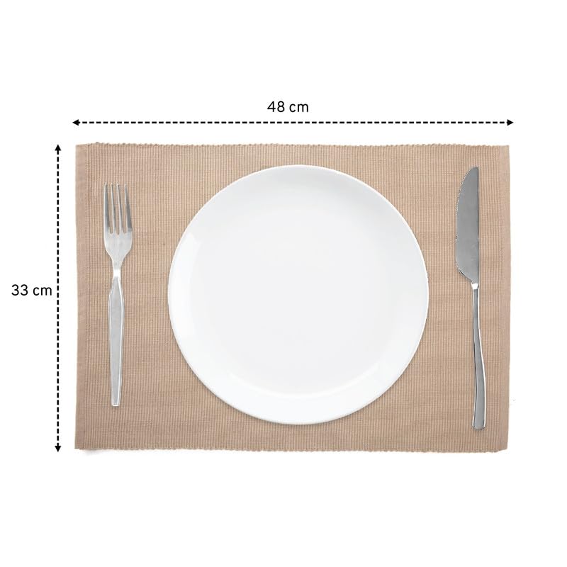 Encasa Xo Dining Placemat Set Of 6 | Solid Beige Color | Fine Ribbed Cotton Table Mat | Size 19X13 In | Machine Washable